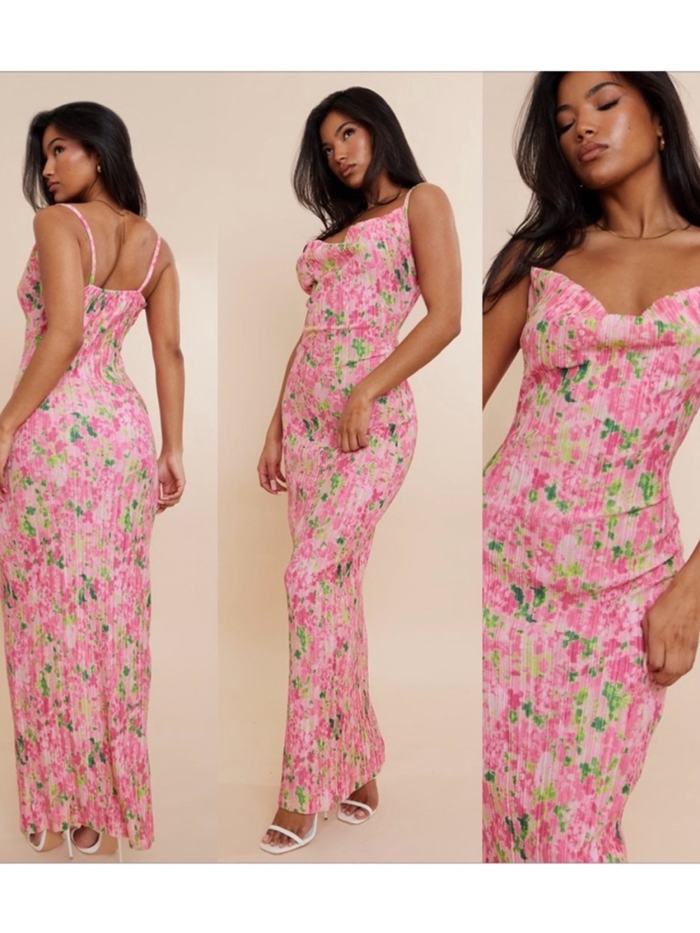 NWT Pretty little thing pink abstract floral plisse maxi dress fitted cowl neck